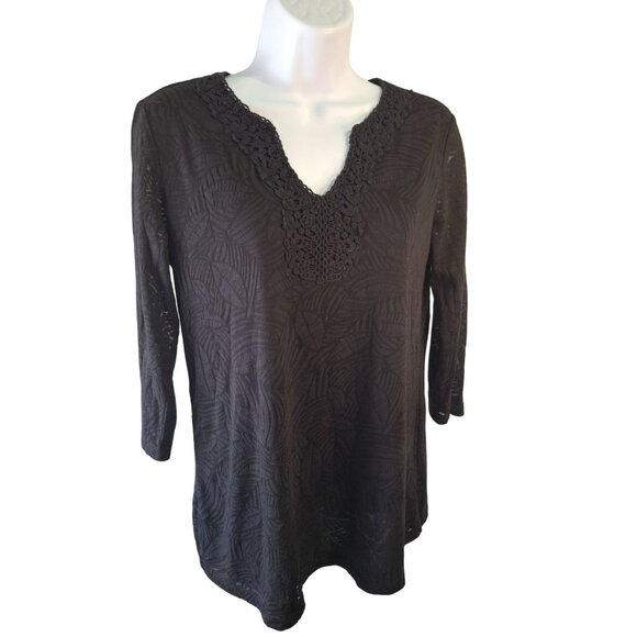 Additions by Chicos Crochet Neckline Blouse Black Size M Boho Tunic Classic Chic - Picture 2 of 7